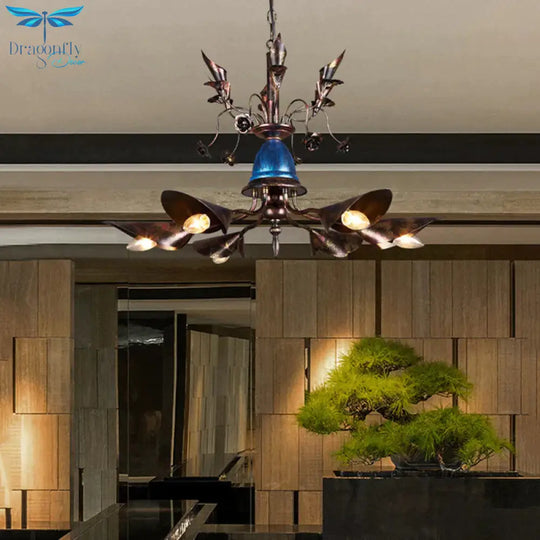 6 - Light Bell Chandelier Traditional Blue Iron Hanging Pendant With Red Flame Conical Shade
