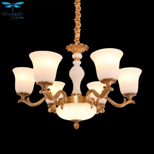 6 - Light Bell Up Chandelier Lamp Vintage Brass Cream Glass Pendant Light Fixture For Bedroom