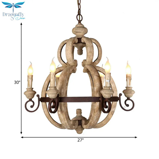 6 - Light Chandelier Light Antique Living Room Suspension Pendant With Candle Wood In Beige