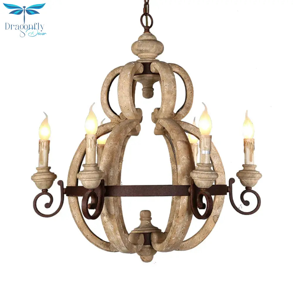 6 - Light Chandelier Light Antique Living Room Suspension Pendant With Candle Wood In Beige