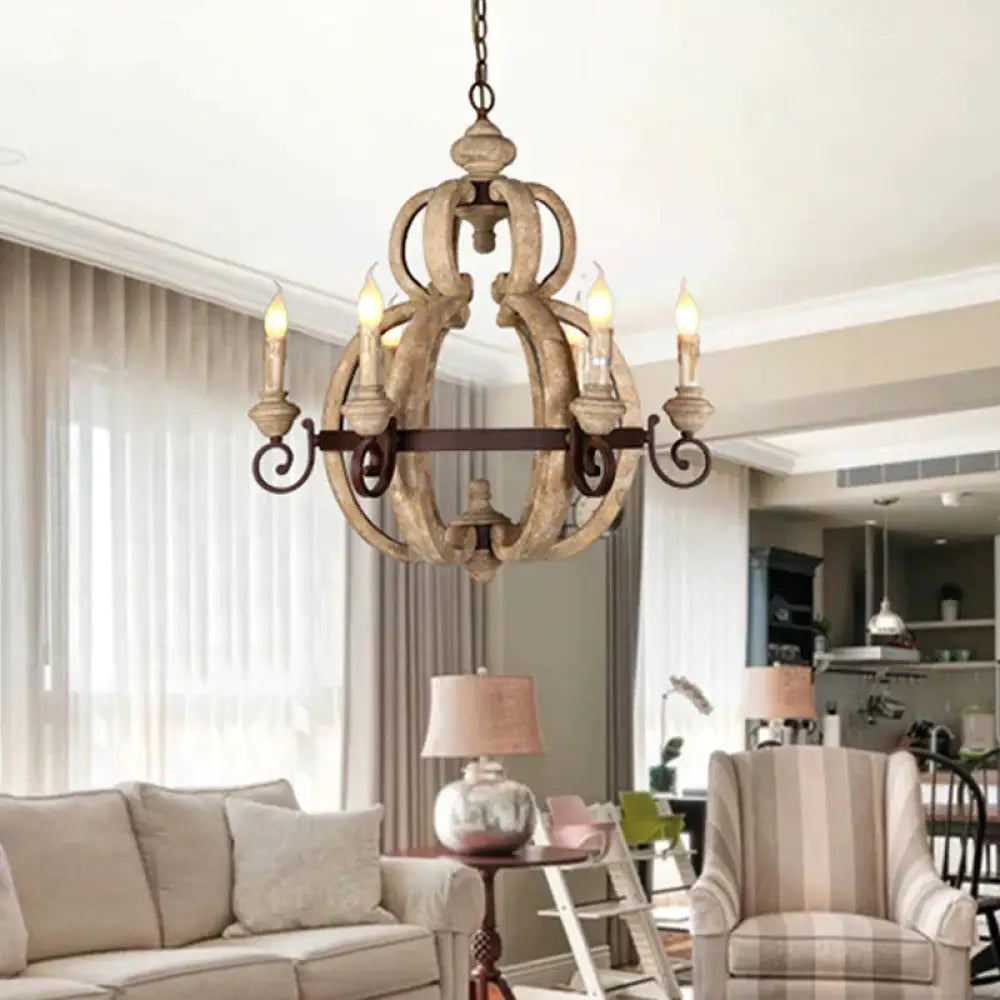 6 - Light Chandelier Light Antique Living Room Suspension Pendant With Candle Wood In Beige