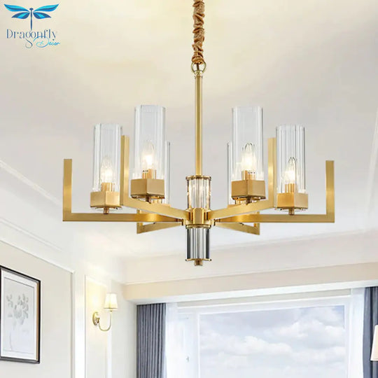 6 - Light Clear Glass Chandelier Lamp Colonialism Gold Column Living Room Ceiling Pendant Light