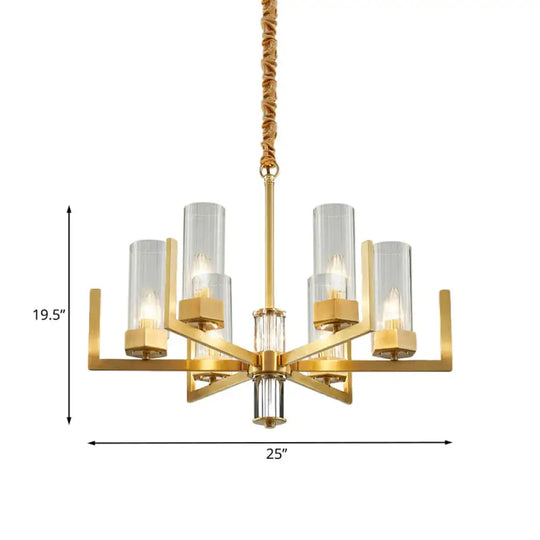 6 - Light Clear Glass Chandelier Lamp Colonialism Gold Column Living Room Ceiling Pendant Light