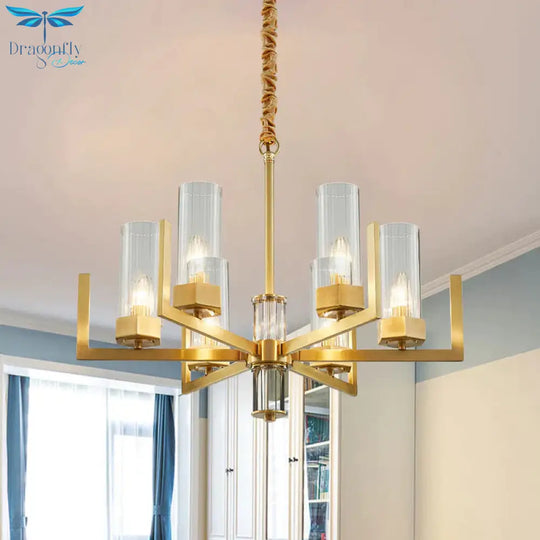 6 - Light Clear Glass Chandelier Lamp Colonialism Gold Column Living Room Ceiling Pendant Light