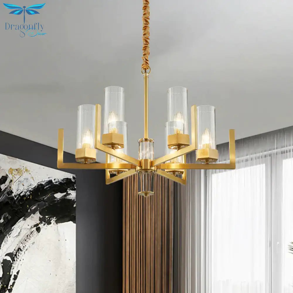 6 - Light Clear Glass Chandelier Lamp Colonialism Gold Column Living Room Ceiling Pendant Light