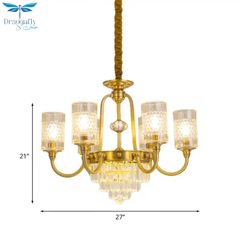 6 - Light Pillar Hanging Chandelier Postmodern Gold Textured Glass Pendant Lamp With Tiered Crystal