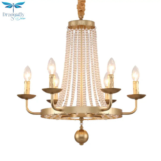 6 - Light Ring Hanging Chandelier Country Style Gold Finish Crystal Strand Candle Ceiling Lamp