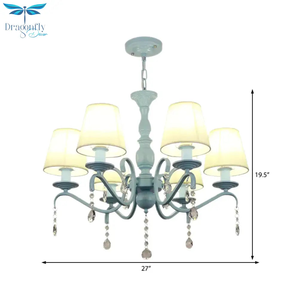 6 - Light Tapered Shade Chandelier With Crystal Bead Kids Metal Hanging Light In Blue For Foyer