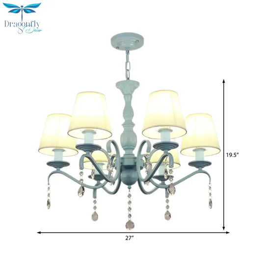 6 - Light Tapered Shade Chandelier With Crystal Bead Kids Metal Hanging Light In Blue For Foyer