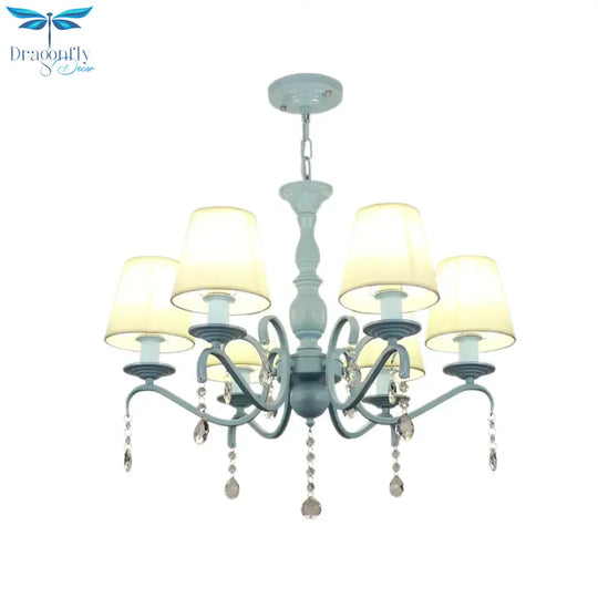 6 - Light Tapered Shade Chandelier With Crystal Bead Kids Metal Hanging Light In Blue For Foyer