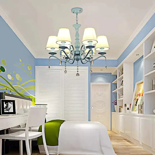 6 - Light Tapered Shade Chandelier With Crystal Bead Kids Metal Hanging Light In Blue For Foyer