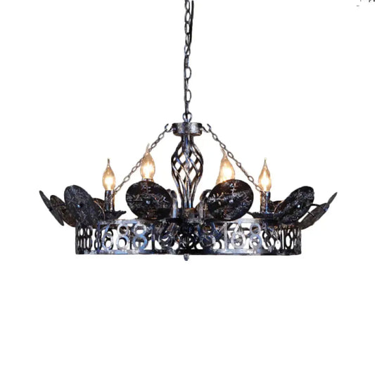 6 - Light Wagon Wheel Chandelier Light Traditional Black Metal Suspension Pendant For Cafe