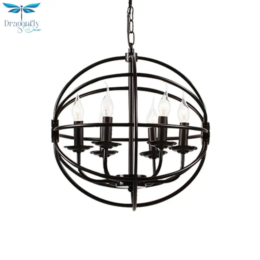 6 Lights Candle Chandelier Classic Black Metal Pendant Light Fixture For Dining Room With Globe