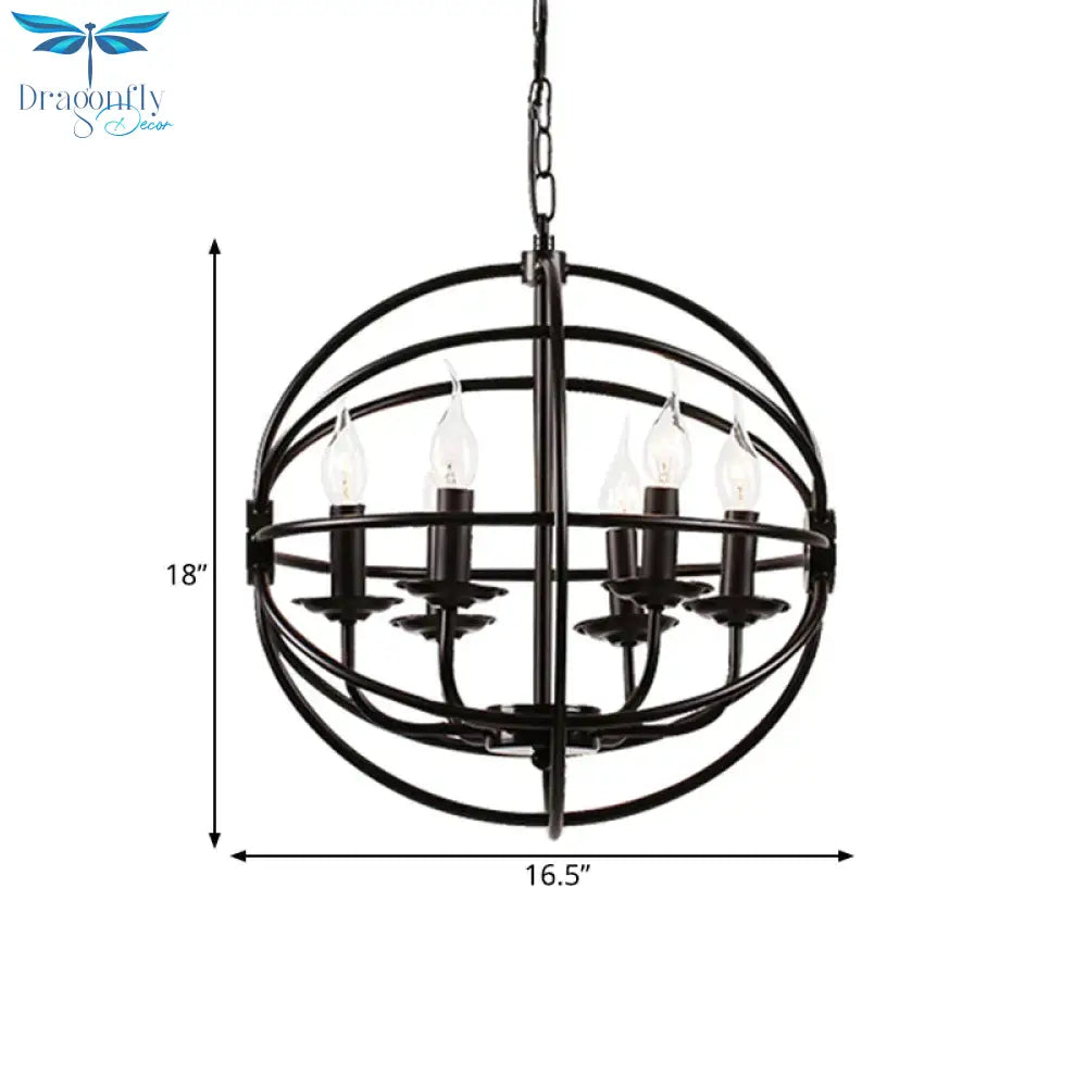6 Lights Candle Chandelier Classic Black Metal Pendant Light Fixture For Dining Room With Globe