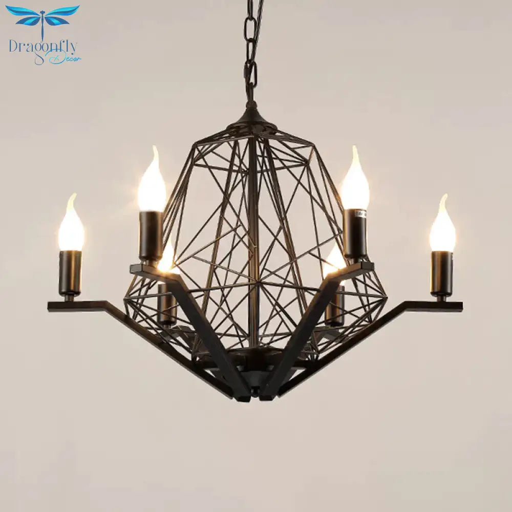 6 Lights Ceiling Light Traditional Candle Metal Hanging Chandelier In Black/White With Geometric