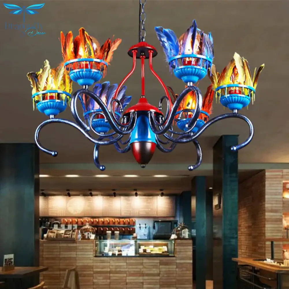 6 Lights Chandelier Lighting Fixture Antique Feather Metal Ceiling Suspension Lamp In Orange - Blue