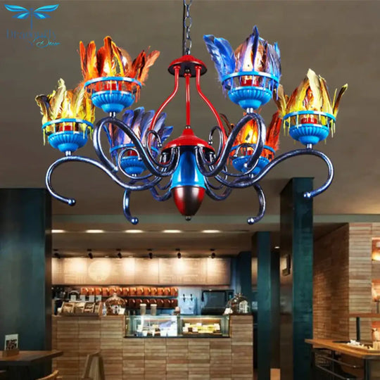 6 Lights Chandelier Lighting Fixture Antique Feather Metal Ceiling Suspension Lamp In Orange - Blue