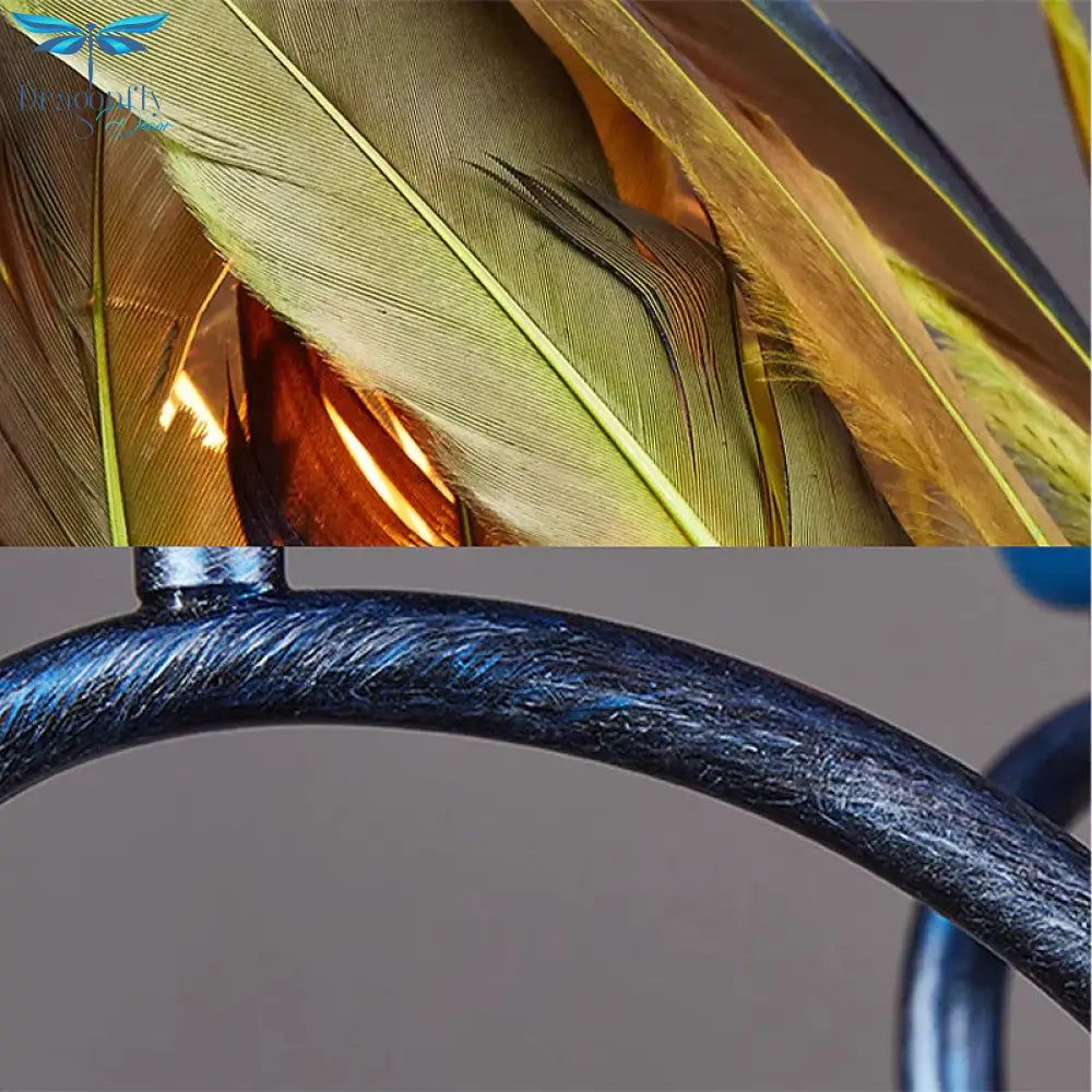 6 Lights Chandelier Lighting Fixture Antique Feather Metal Ceiling Suspension Lamp In Orange - Blue