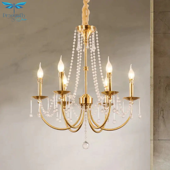 6 Lights Chandelier Lighting Traditional Curvy Arm Crystal Ceiling Pendant Light In Gold