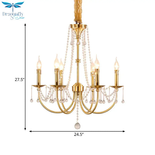6 Lights Chandelier Lighting Traditional Curvy Arm Crystal Ceiling Pendant Light In Gold