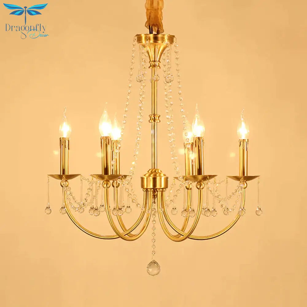 6 Lights Chandelier Lighting Traditional Curvy Arm Crystal Ceiling Pendant Light In Gold