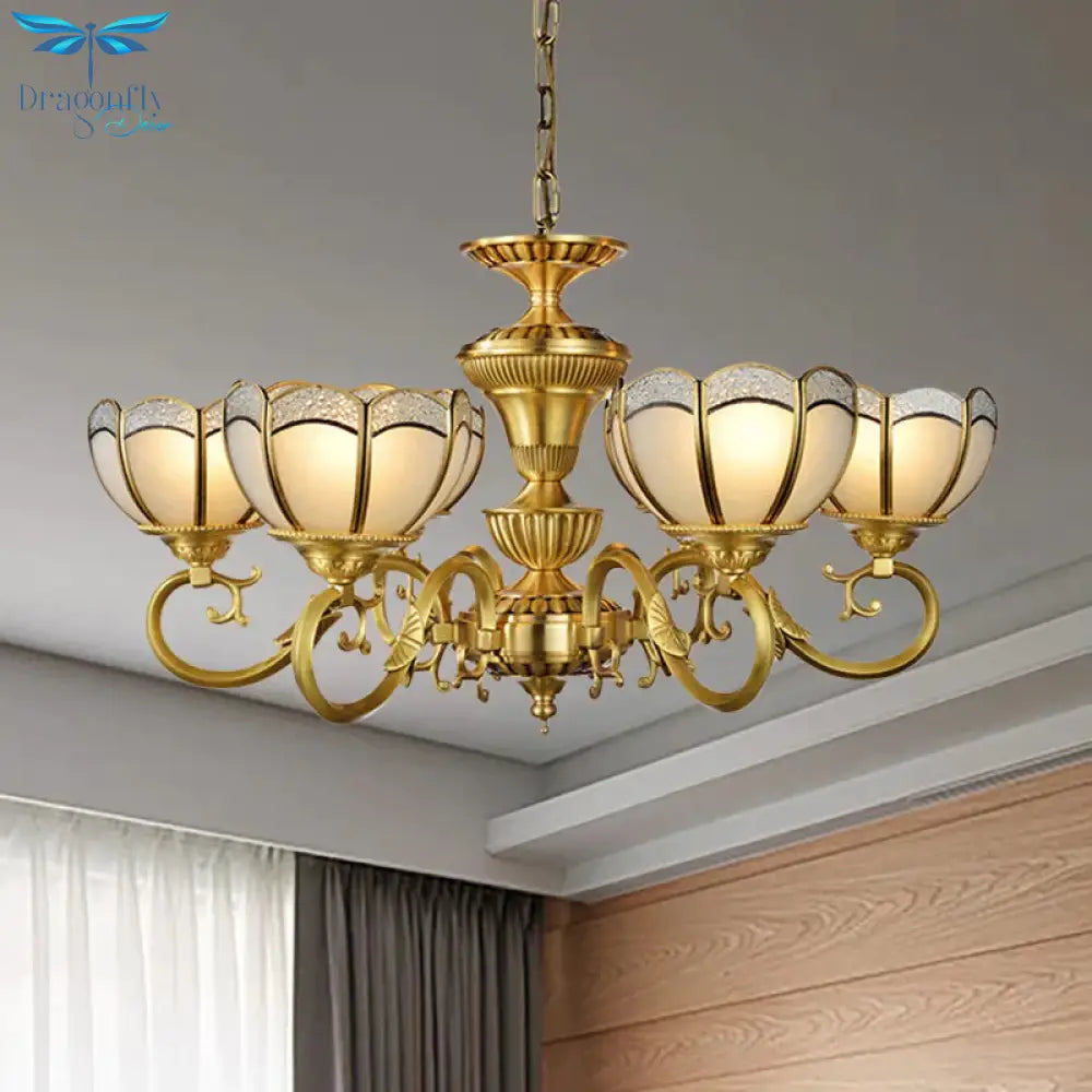 6 Lights Chandelier Pendant Lamp Colonial Bedroom Ceiling Suspension Light In Gold With Bowl