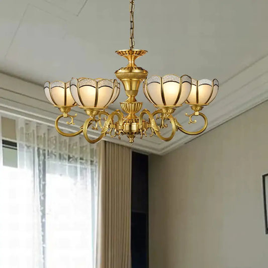 6 Lights Chandelier Pendant Lamp Colonial Bedroom Ceiling Suspension Light In Gold With Bowl