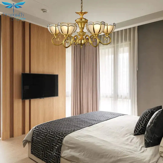 6 Lights Chandelier Pendant Lamp Colonial Bedroom Ceiling Suspension Light In Gold With Bowl