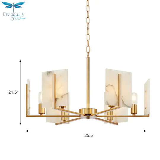 6 Lights Chandelier Pendant Light Colonial Expose Bulb Metal Suspension Lamp In Gold With Rectangle