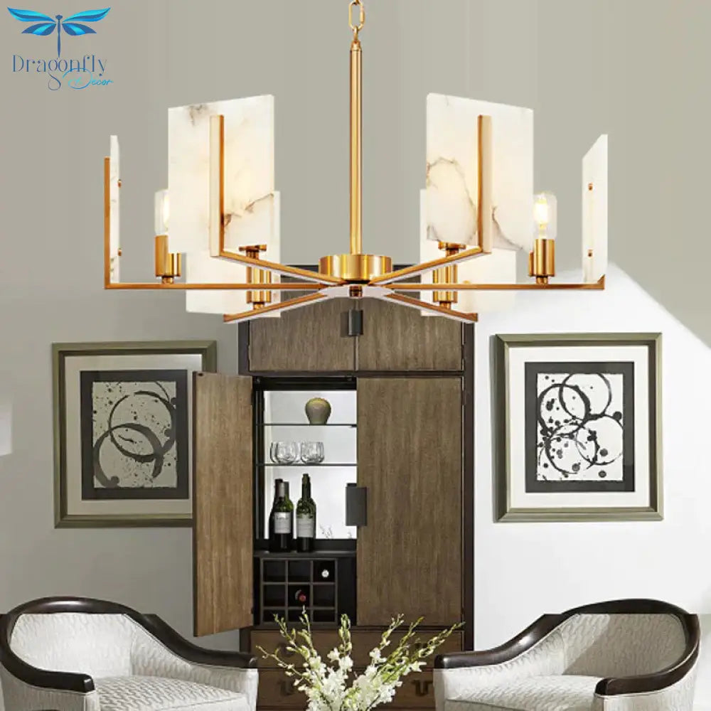6 Lights Chandelier Pendant Light Colonial Expose Bulb Metal Suspension Lamp In Gold With Rectangle