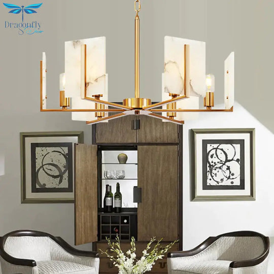 6 Lights Chandelier Pendant Light Colonial Expose Bulb Metal Suspension Lamp In Gold With Rectangle