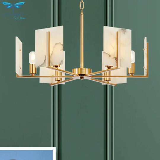6 Lights Chandelier Pendant Light Colonial Expose Bulb Metal Suspension Lamp In Gold With Rectangle