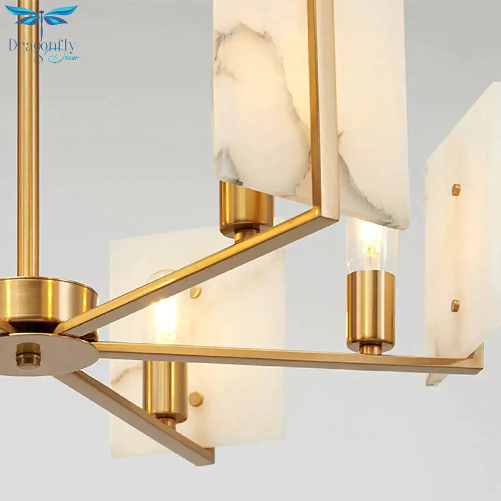 6 Lights Chandelier Pendant Light Colonial Expose Bulb Metal Suspension Lamp In Gold With Rectangle