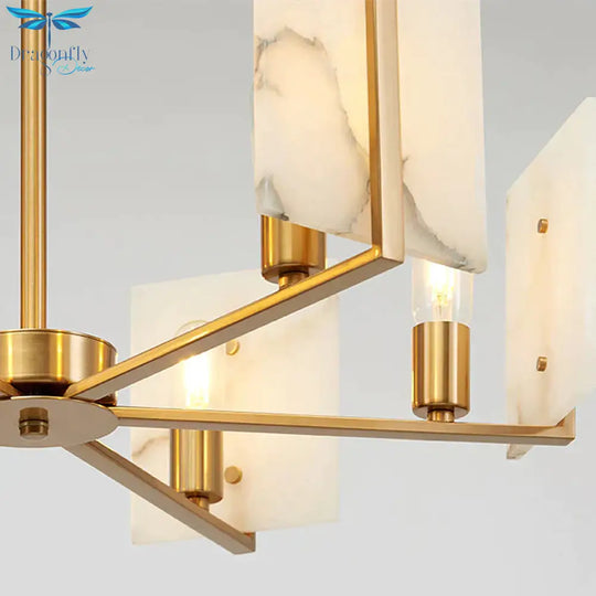 6 Lights Chandelier Pendant Light Colonial Expose Bulb Metal Suspension Lamp In Gold With Rectangle
