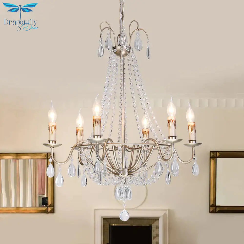 6 Lights Crystal Chandelier Light Fixture Simple Silver Candelabra Living Room Ceiling Suspension