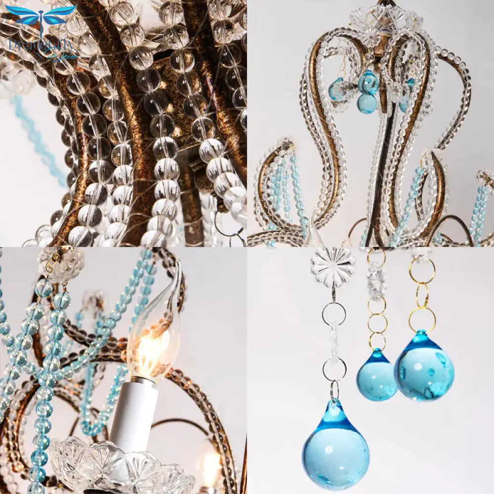 6 Lights Curve Arm Chandelier Light Vintage Rust Metal Hanging Kit With Crystal Strand
