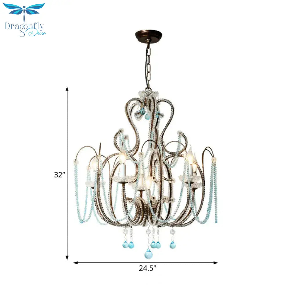 6 Lights Curve Arm Chandelier Light Vintage Rust Metal Hanging Kit With Crystal Strand