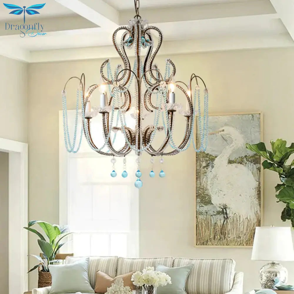 6 Lights Curve Arm Chandelier Light Vintage Rust Metal Hanging Kit With Crystal Strand