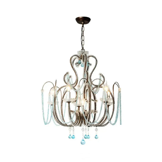 6 Lights Curve Arm Chandelier Light Vintage Rust Metal Hanging Kit With Crystal Strand