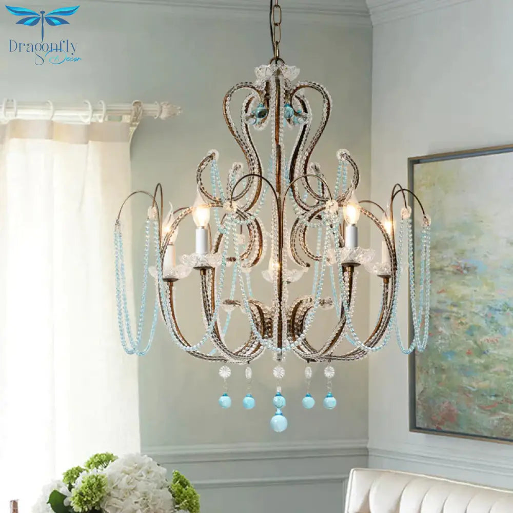 6 Lights Curve Arm Chandelier Light Vintage Rust Metal Hanging Kit With Crystal Strand