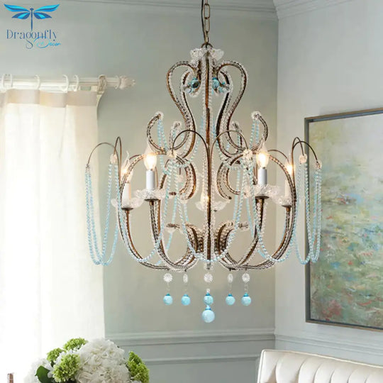 6 Lights Curve Arm Chandelier Light Vintage Rust Metal Hanging Kit With Crystal Strand