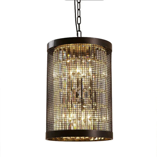 6 Lights Cylinder Chandelier Light Country Black Metal Hanging Ceiling Fixture For Dining Room With