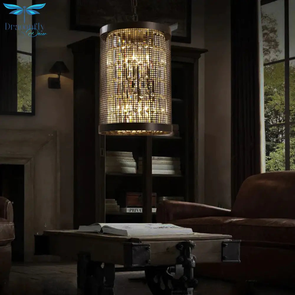 6 Lights Cylinder Chandelier Light Country Black Metal Hanging Ceiling Fixture For Dining Room With