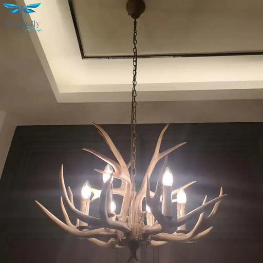 6 Lights Deer Horn Ceiling Pendant Rural Brown Resin Chandelier Lamp For Living Room
