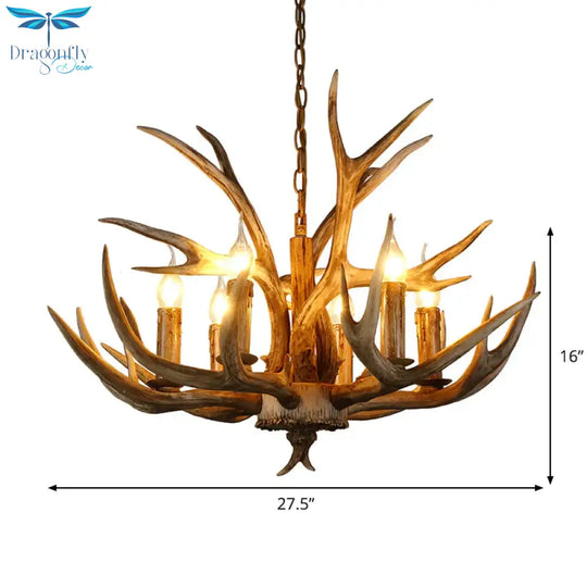 6 Lights Deer Horn Ceiling Pendant Rural Brown Resin Chandelier Lamp For Living Room