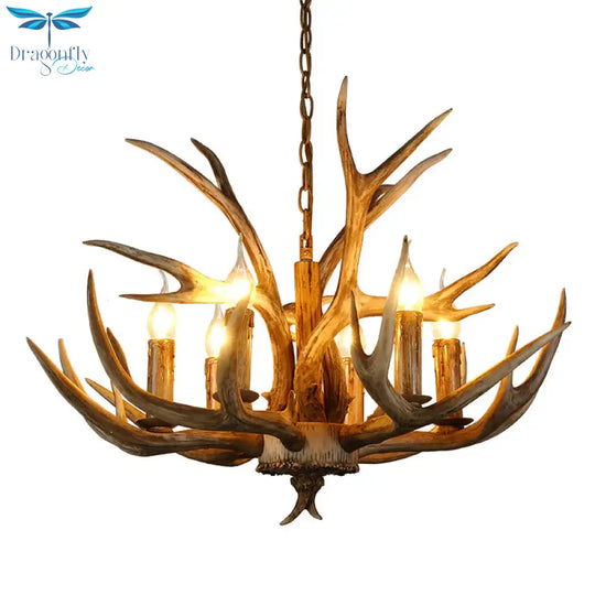 6 Lights Deer Horn Ceiling Pendant Rural Brown Resin Chandelier Lamp For Living Room