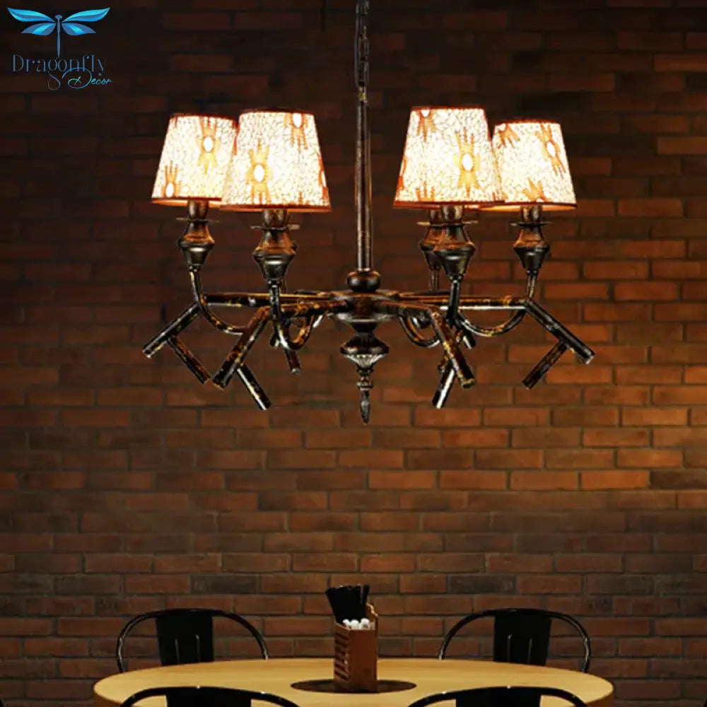 6 Lights Fabric Chandelier Lamp Traditional Brass Conical Restaurant Down Lighting Pendant