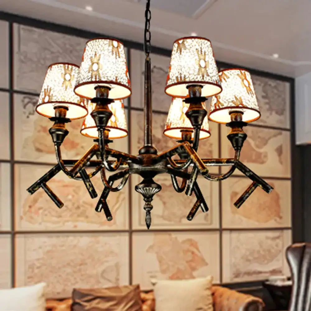 6 Lights Fabric Chandelier Lamp Traditional Brass Conical Restaurant Down Lighting Pendant