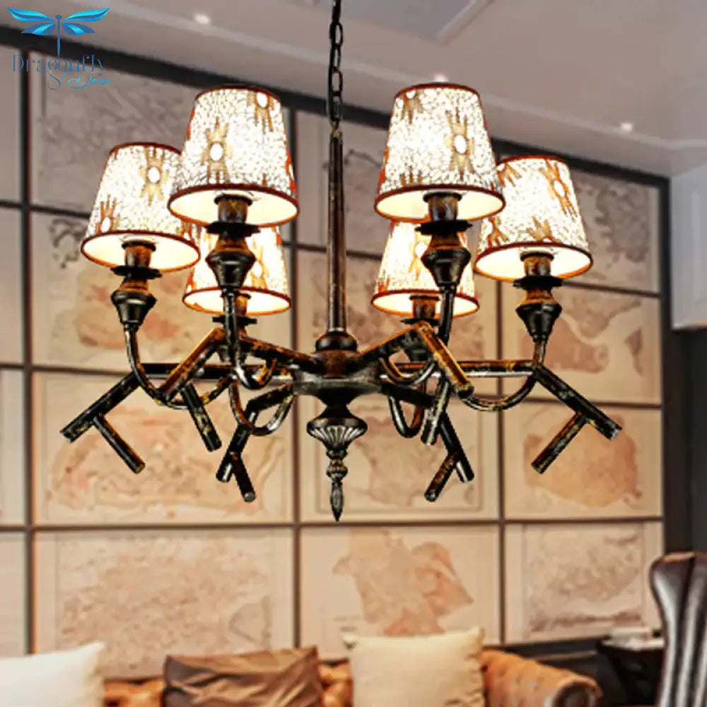 6 Lights Fabric Chandelier Lamp Traditional Brass Conical Restaurant Down Lighting Pendant