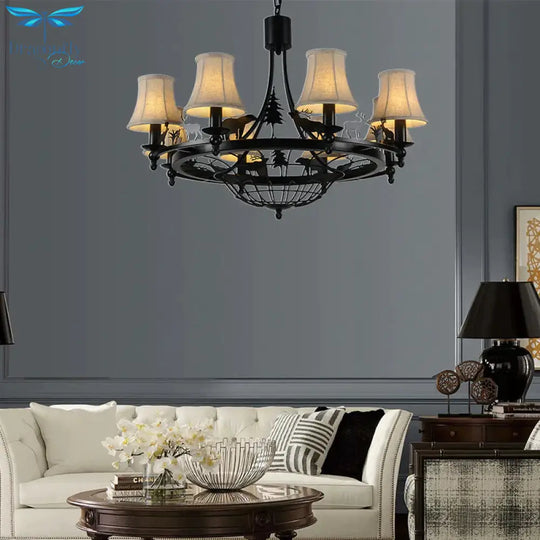 6 Lights Fabric Chandelier Light Fixture Traditional Black Cone Living Room Ceiling